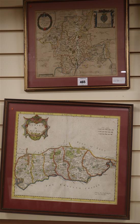 Robert Morden, coloured engraving, Map of Sussex, 34 x 41cm and a Map of Worchester, 27 x 33cm